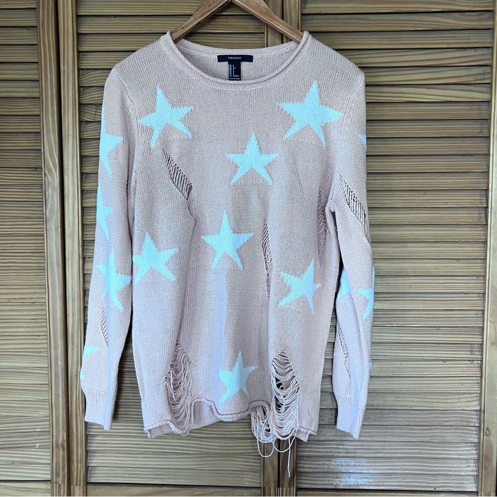 Forever 21 Distressed Star Open Knit Sweater Coral Pink White Women’s Small